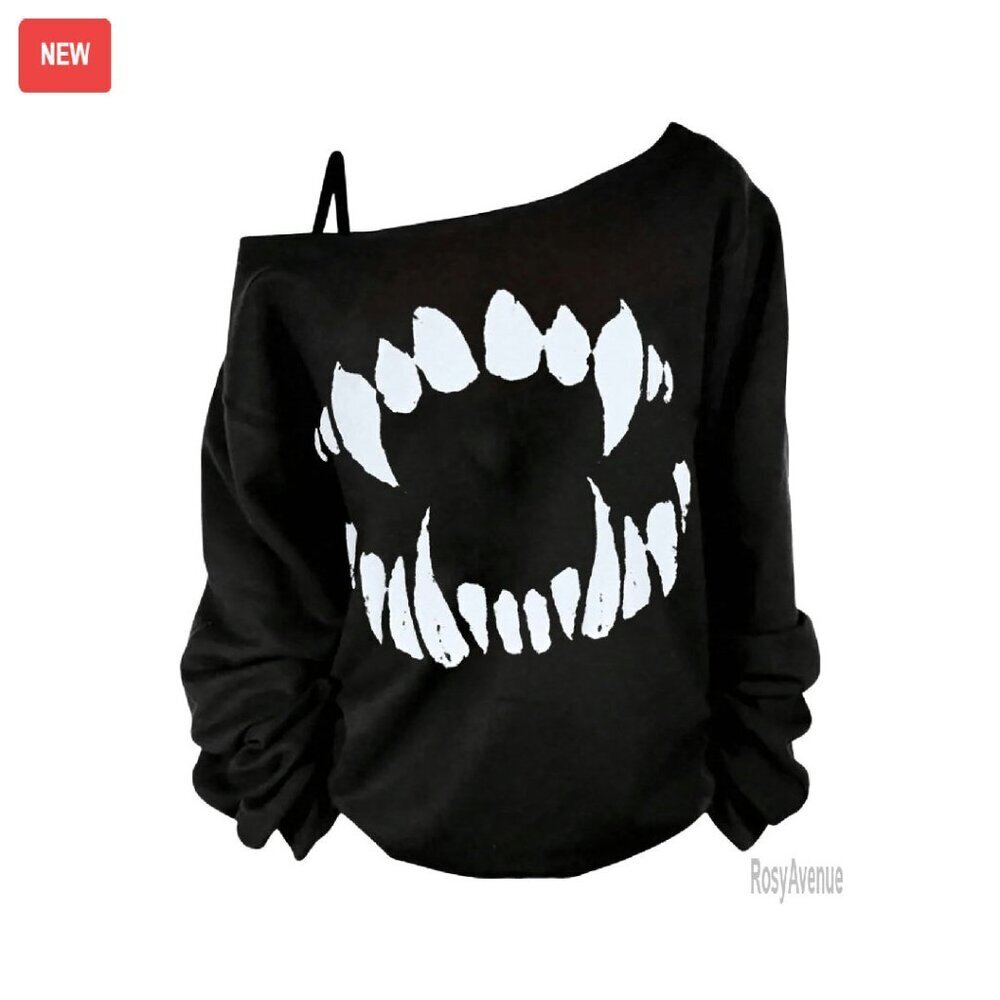 Plus Size Off Shoulder Graphic Tee Long Sleeve Pullover Goth Tops